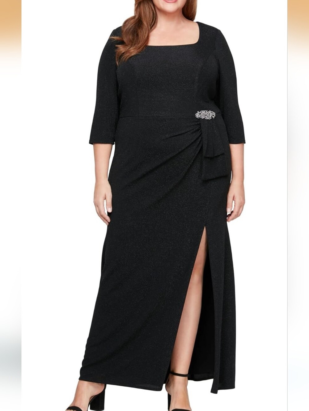 Alex Evenings Black Glitter Square Neck Gown with Side Slit and Brooch